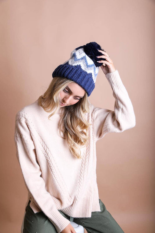 Blue Classic Winter Pom Beanie w Shaggy Lining