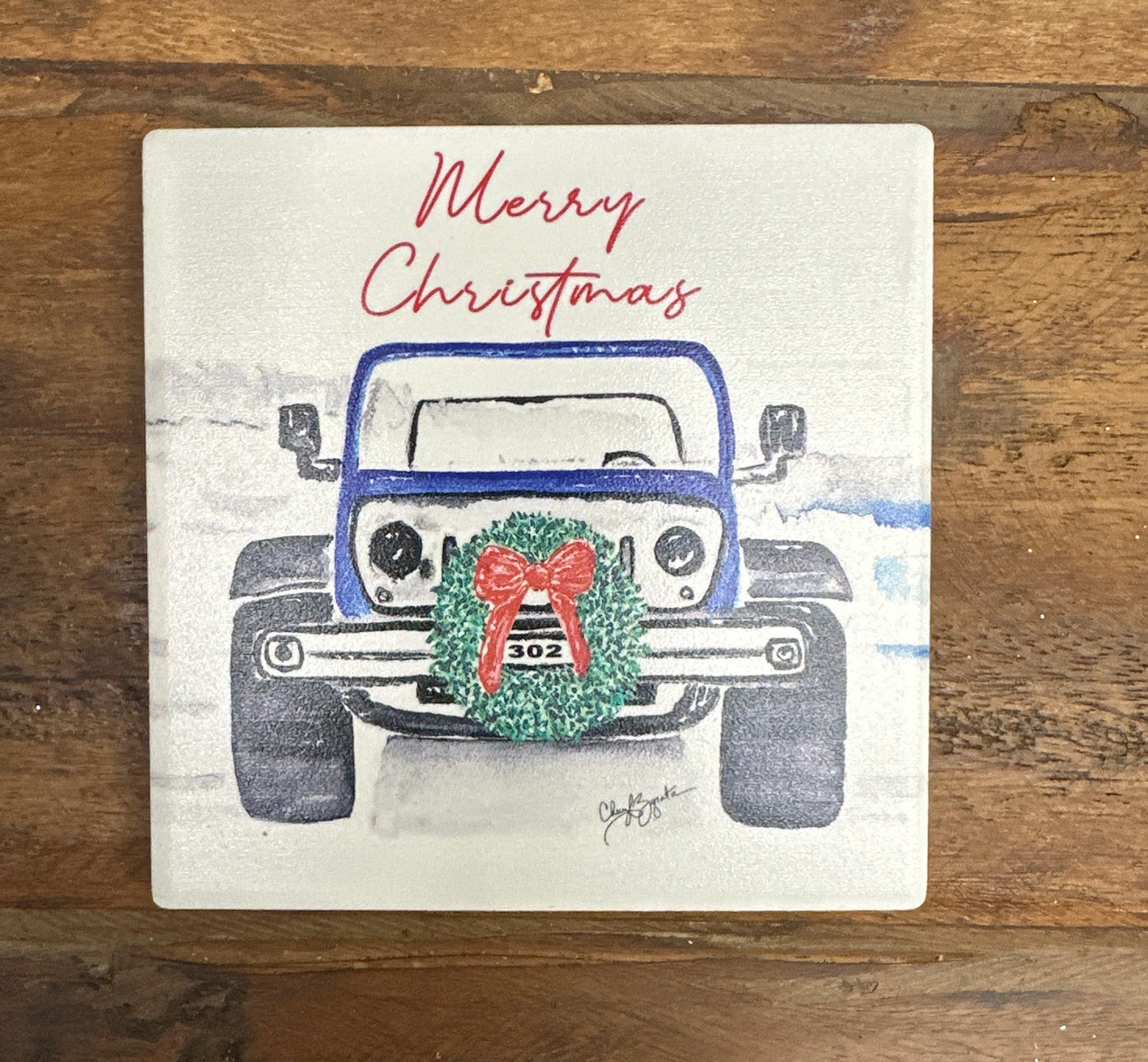 302 Jeep Wreath Square Ceramic Coaster by Cheryl Zapata Art