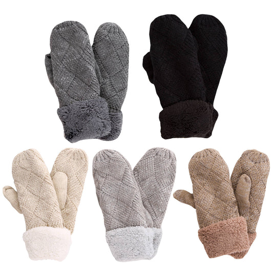 Fleece Cuffs Solid Knit Mitten Winter Gloves