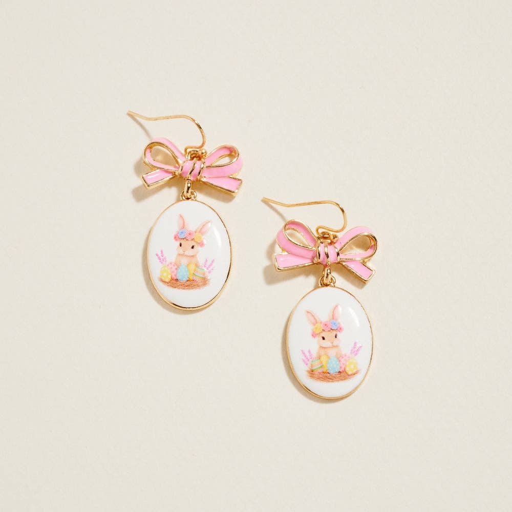 Pink Oval Easter Rabbit Enamel Bow Ribbon Hook Earrings