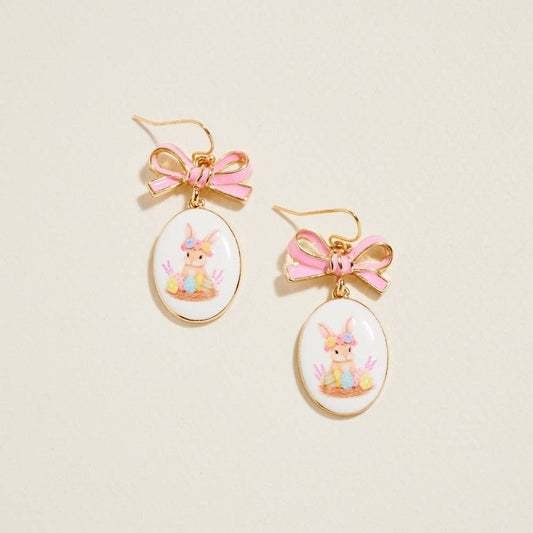 Pink Oval Easter Rabbit Enamel Bow Ribbon Hook Earrings