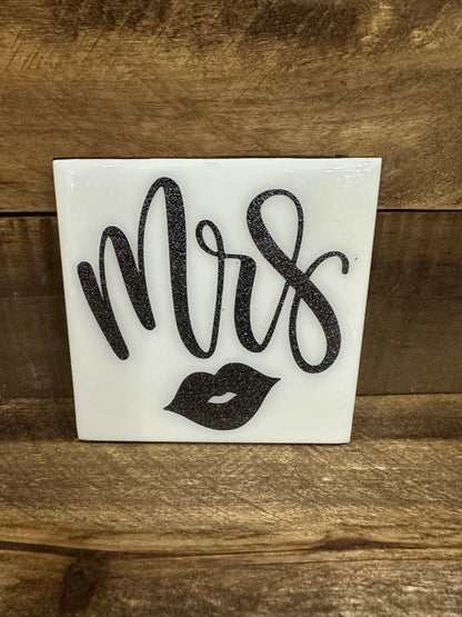 Mr. & Mrs. Black (w/glitter) & White Tile Coaster