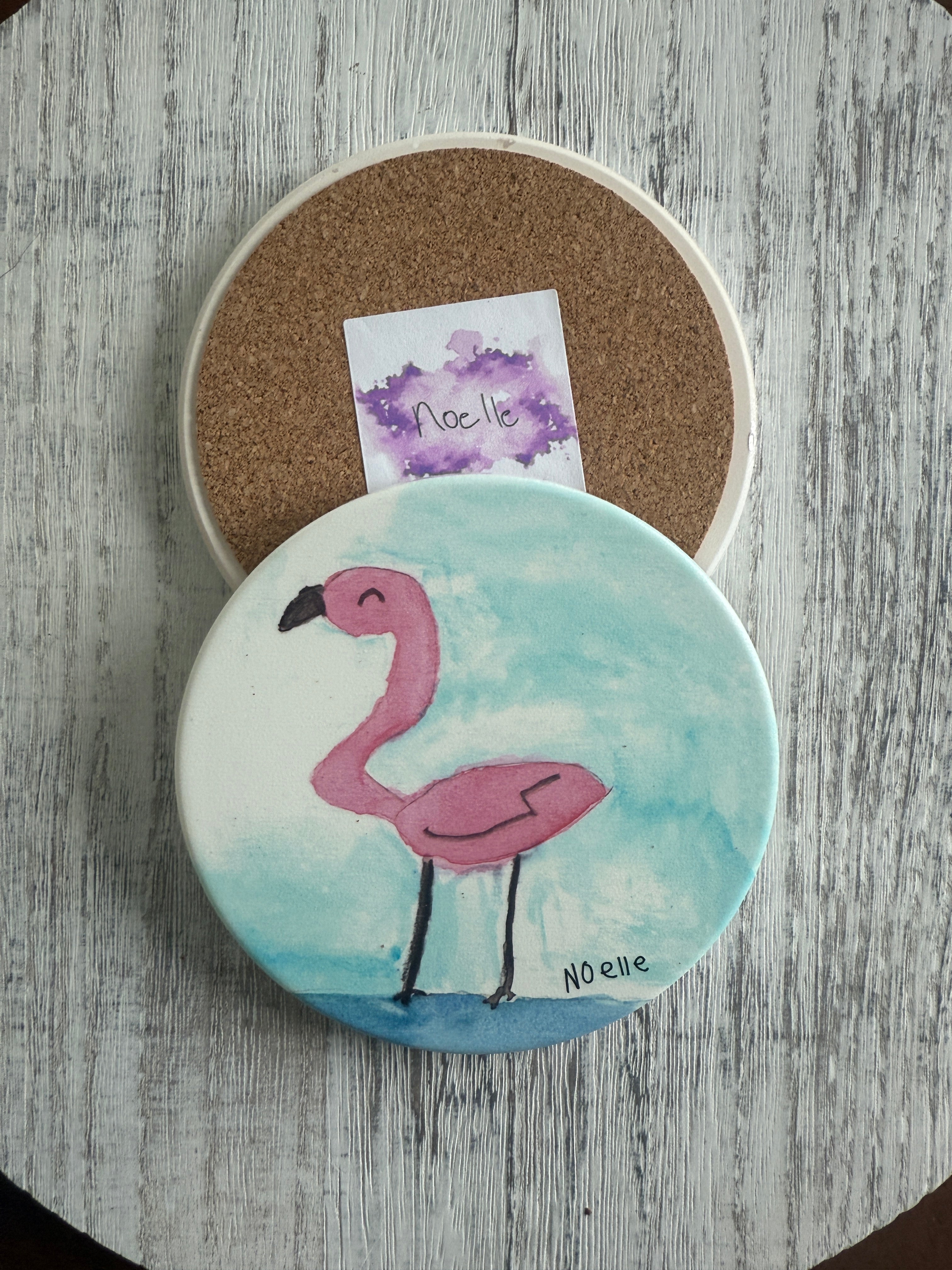 Pink Flamingo Round Ceramic Coaster by Noelle