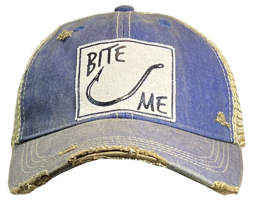 Bite Me Royal Blue Distressed Trucker Hat Baseball Cap