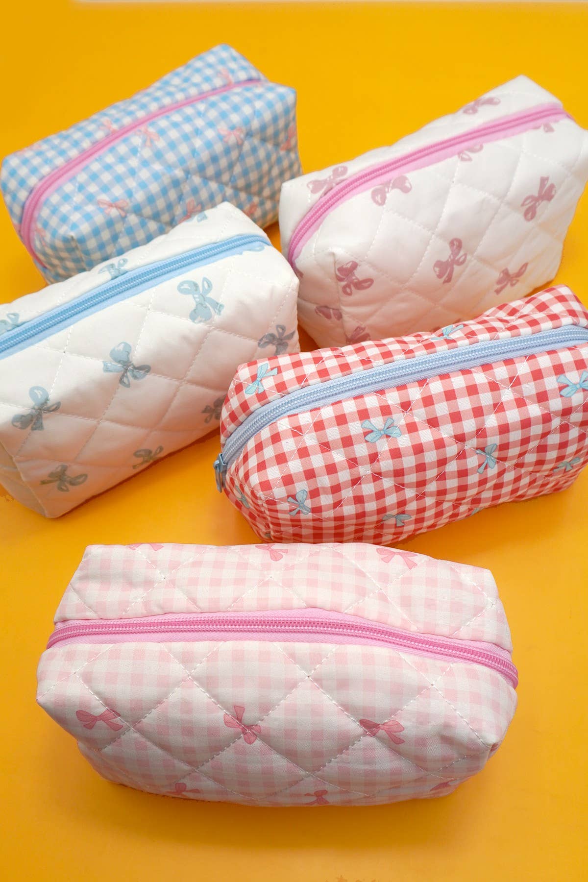 Quilted Cotton Bow Cosmetic Pouch Bag