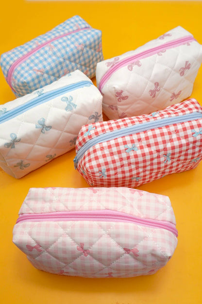 Quilted Cotton Bow Cosmetic Pouch Bag
