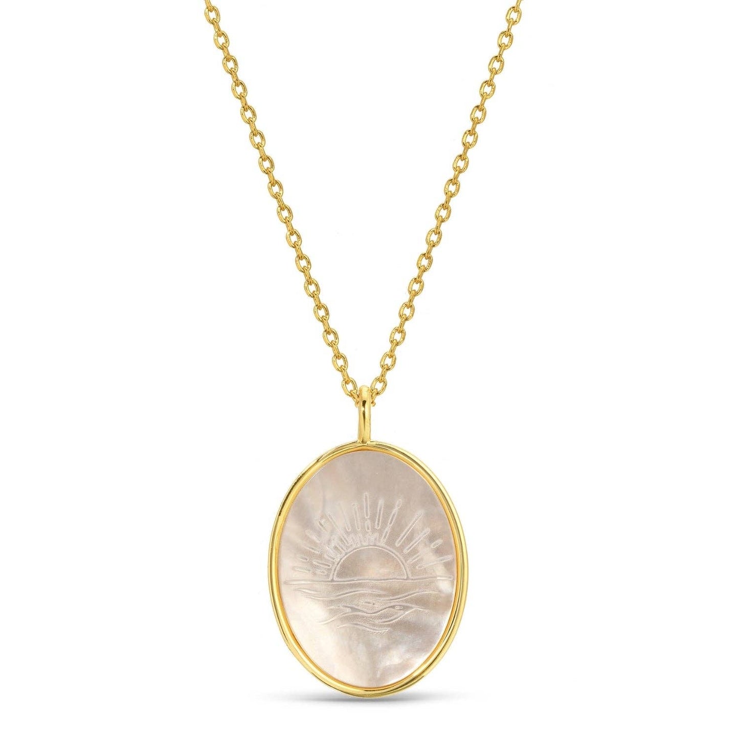 Ocean Sunset Etched Shell Oval Pendant Necklace