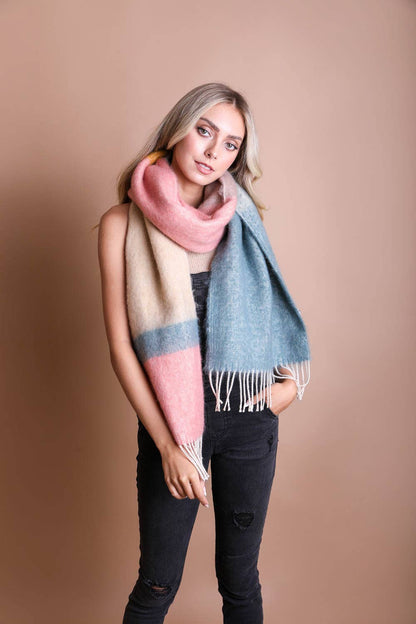 Green/Orange Winter Color Block Faux Mohair Scarf