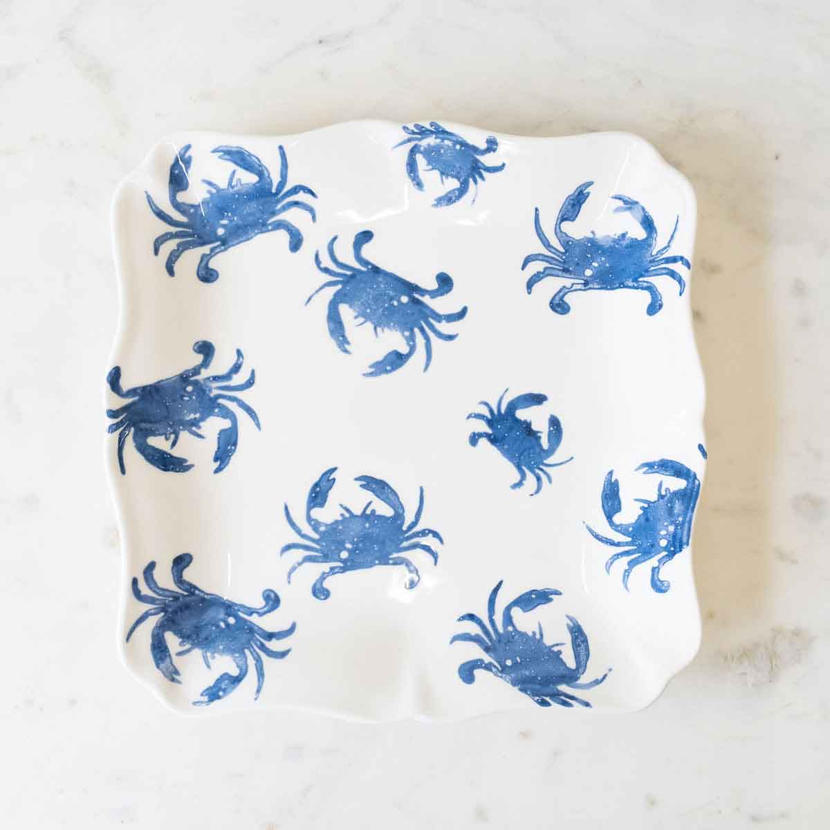 Watercolor Crab Serving Platter   White/Blue   11.5x11.5x1