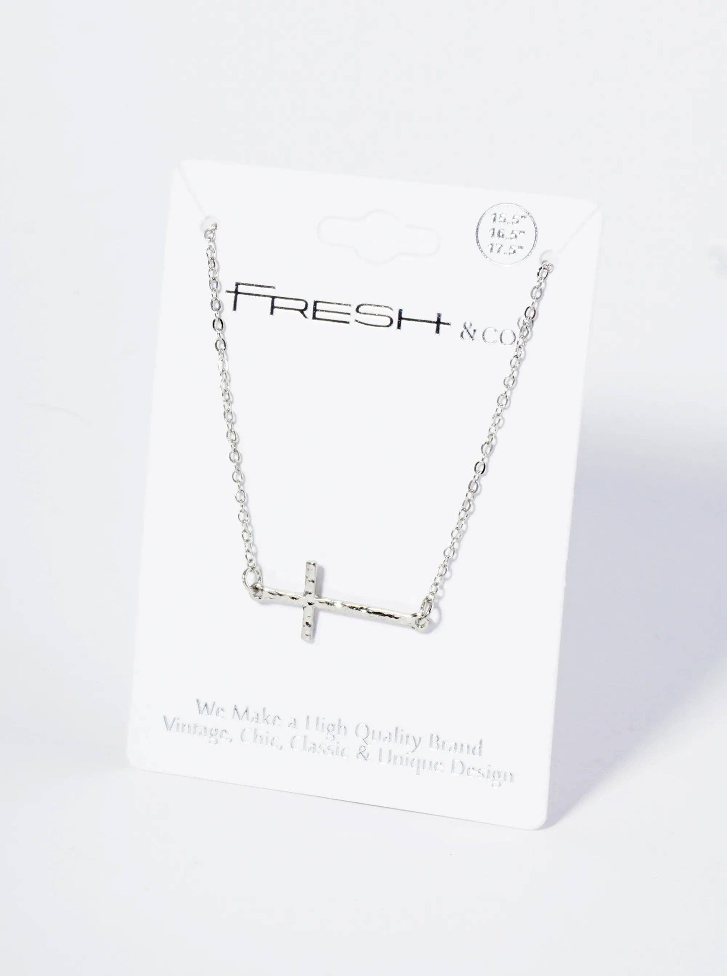Hammered Metal 1 Inch Sideways Cross Pendant Necklace: Rhodium