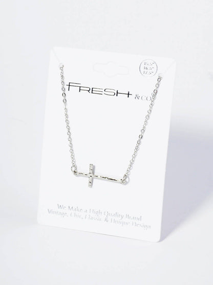 Hammered Metal 1 Inch Sideways Cross Pendant Necklace: Rhodium
