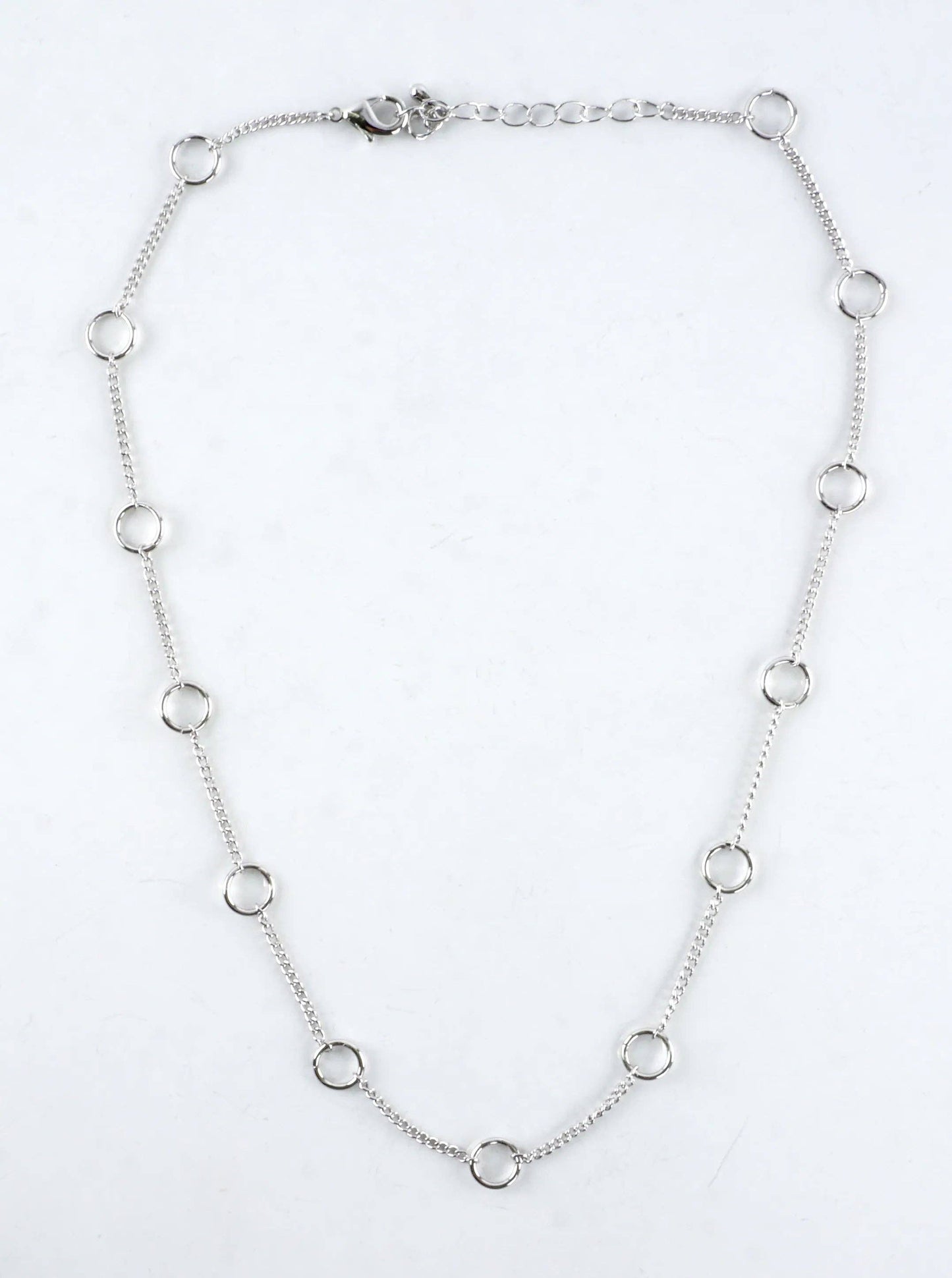 16 Inch Brass Circle Station Chain Necklace: White Gold Dipped