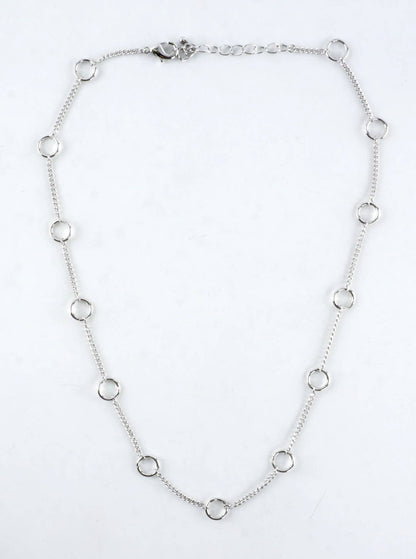 16 Inch Brass Circle Station Chain Necklace: White Gold Dipped
