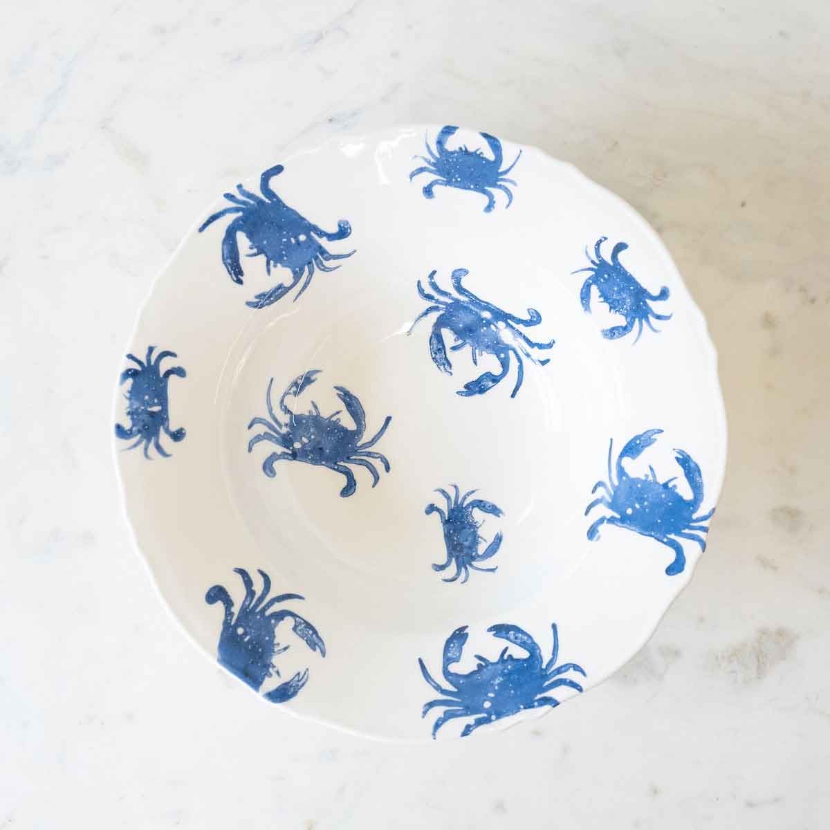 Watercolor Crab Serving Bowl   White/Blue   12x12x3.5