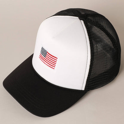 American Flag Embroidered 2-Tone Foam Trucker Hat: BLACK / ONE SIZE