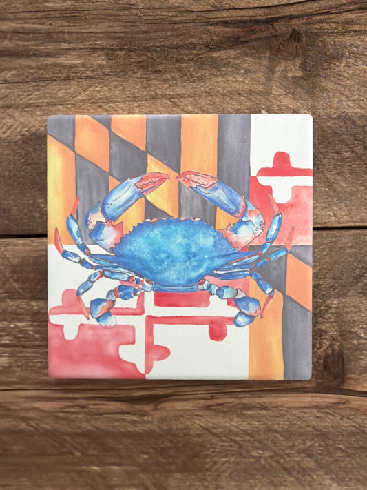 Maryland Flag w/Crab Square Ceramic Coaster by Cheryl Zapata Art