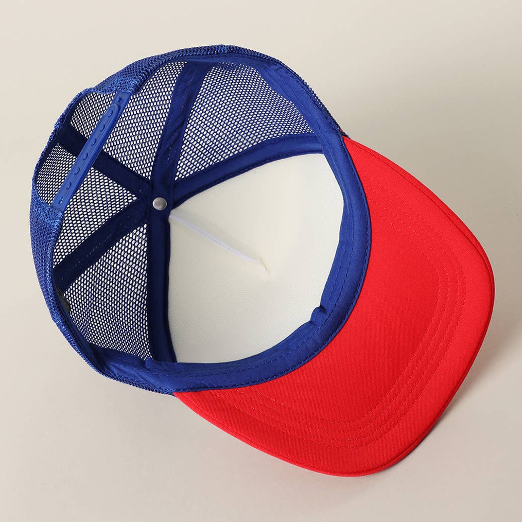 USA Floral Letter Patch Trucker Baseball Cap: WHITE/RED/BLUE