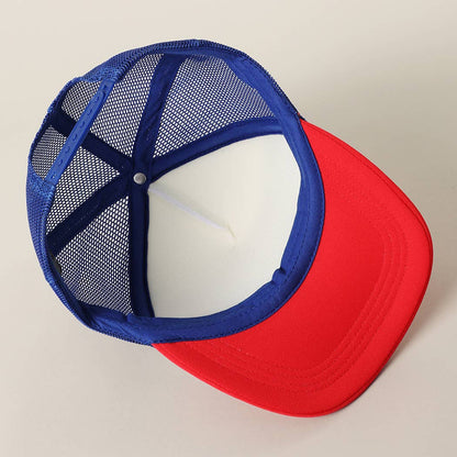 USA Floral Letter Patch Trucker Baseball Cap: WHITE/RED/BLUE