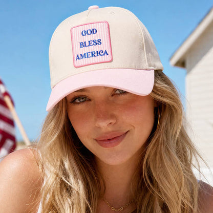 Sky Blue GOD BLESS AMERICA Embroidered Patch Two Tone Trucker Hat: ONE SIZE