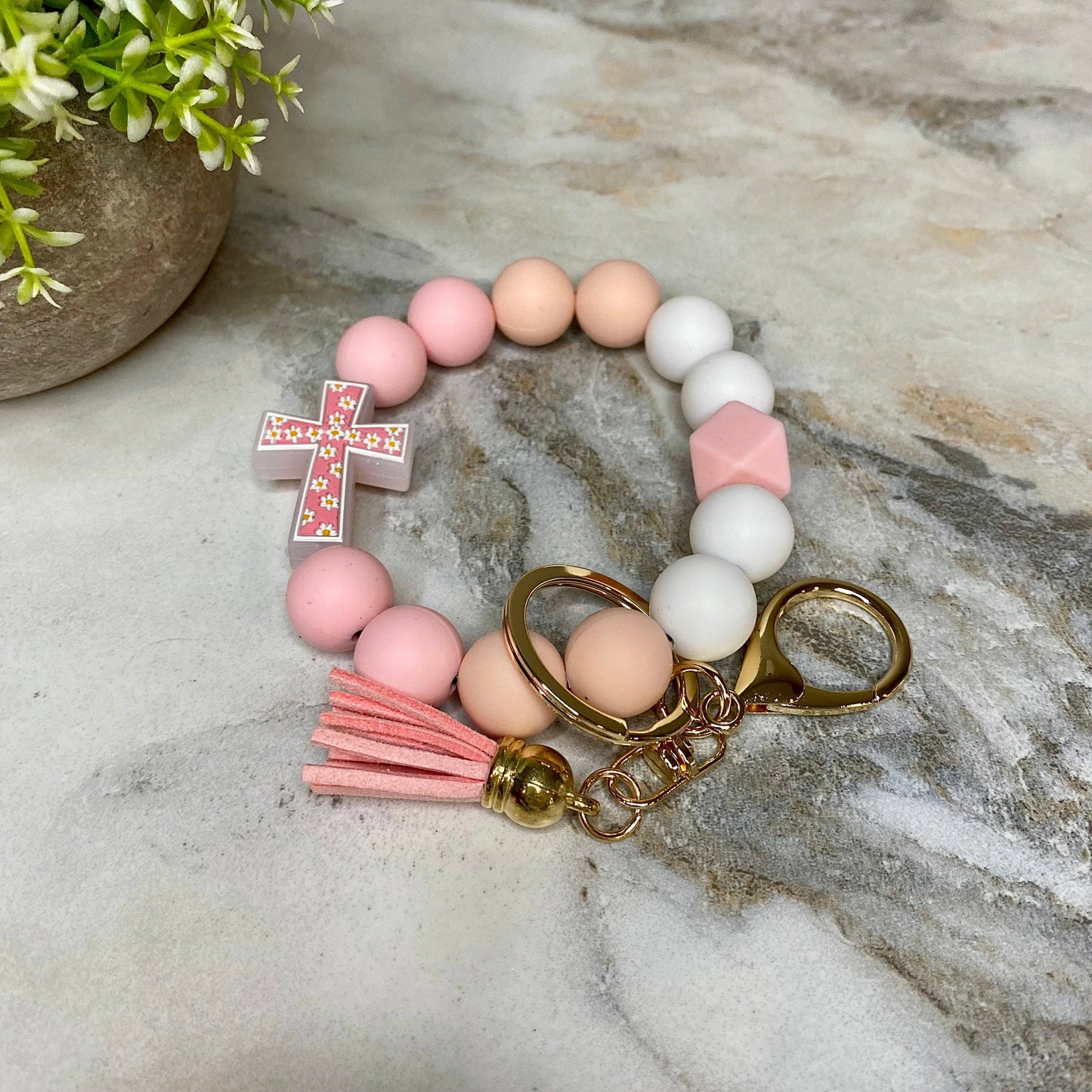 Silicone Bracelet Keychain - Cross - Light Pink