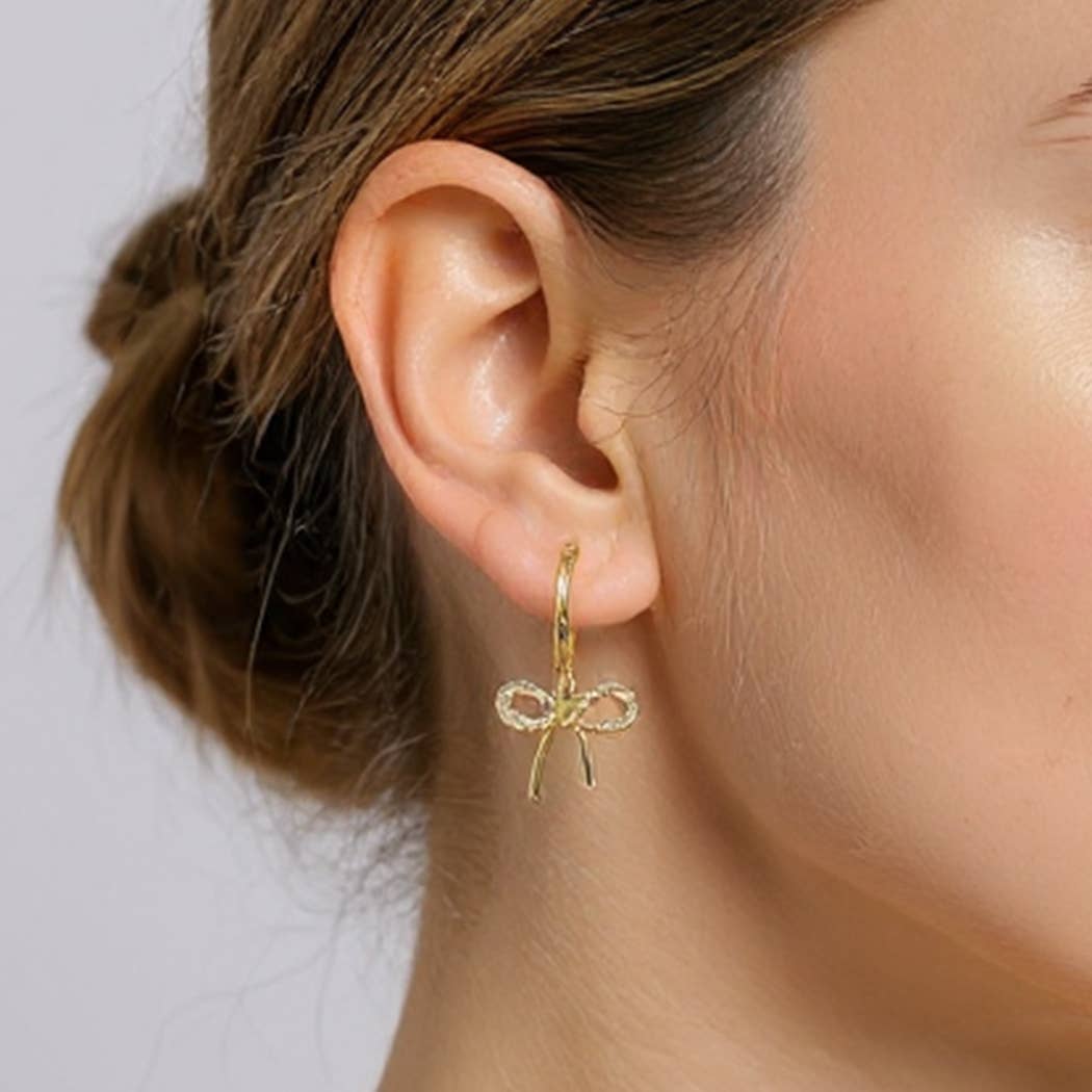 14K Gold-Dipped Bow Charm Huggie Hoop CZ Earrings