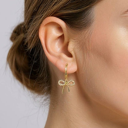 14K Gold-Dipped Bow Charm Huggie Hoop CZ Earrings