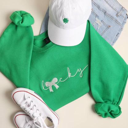 Irish Green Bow and Lucky Shamrock Embroidered Heavyweight Sweatshirt