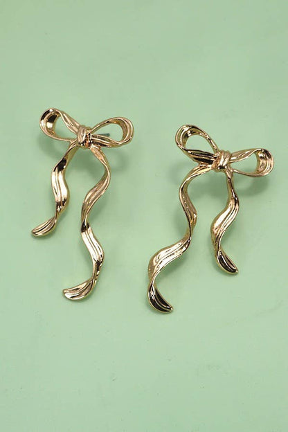 Gold Hammered Long Bow Ribbon Drop Earring