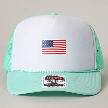 MINT/WHITE/MINT / One Size, USA FLAG Mesh Back Foam Trucker Hat
