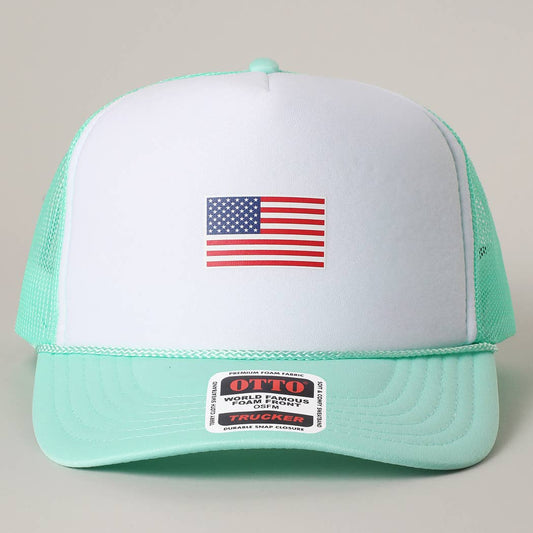 MINT/WHITE/MINT / One Size, USA FLAG Mesh Back Foam Trucker Hat