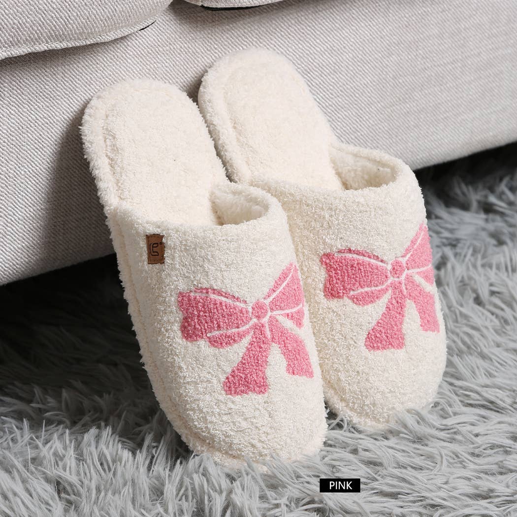 Pink Ribbon Bow Print Luxury Soft Home Slipper M/L