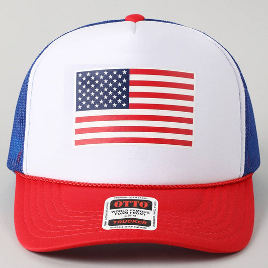 USA Flag High Quality Logo Print Foam Trucker Hat, ONE SIZE