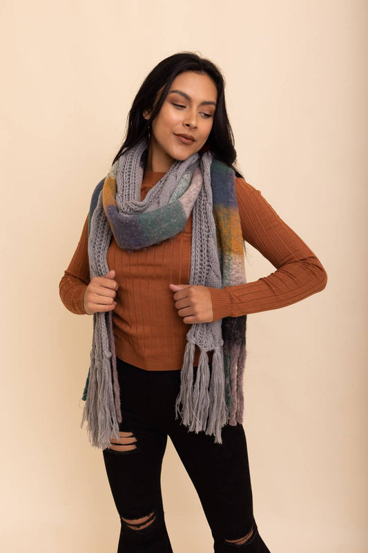 Cozy Knit Dual Textured Scarf w/ Tassels