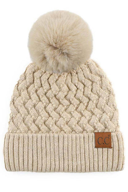 Dark Melange Gray Woven Cable Stitch Cuff Soft Pom Beanie Winter Hat:
