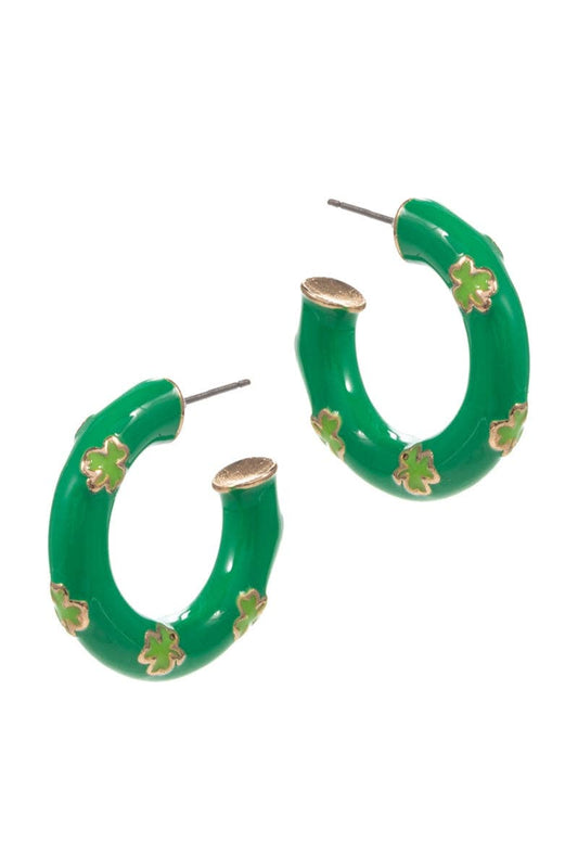 Round Enamel Shamrock Saint Patricks Hoop Earrings