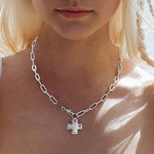 Silver Notable Hammered Cross Necklace