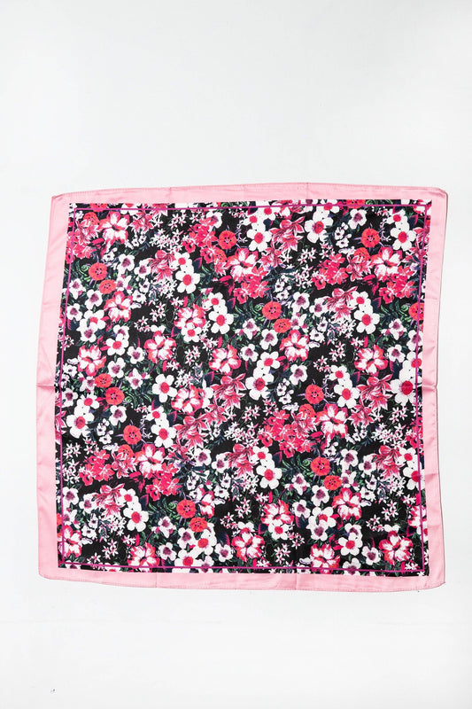 Pink Flower Print Silky Feel Bandana Scarf