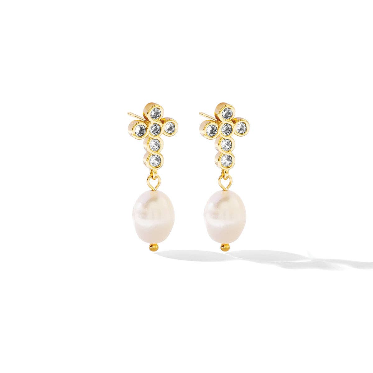 CZ Cross Pearl Drop Earrings