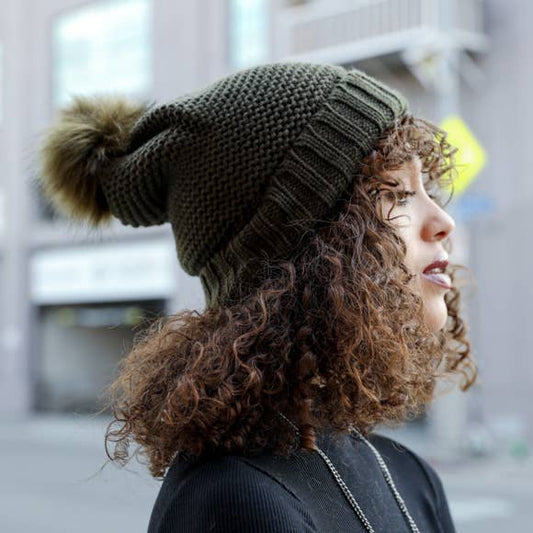 Olive Chunky Knit Pom Beanie with Faux Sherpa Lining