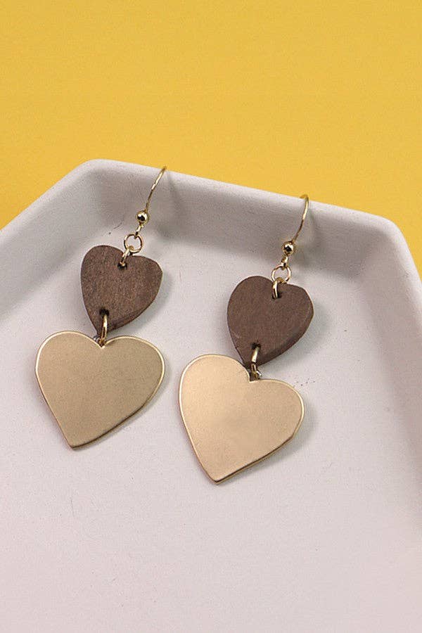 Matte Gold & Wood Double Heart Earring