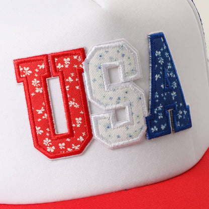 USA Floral Letter Patch Trucker Baseball Cap: WHITE/RED/BLUE