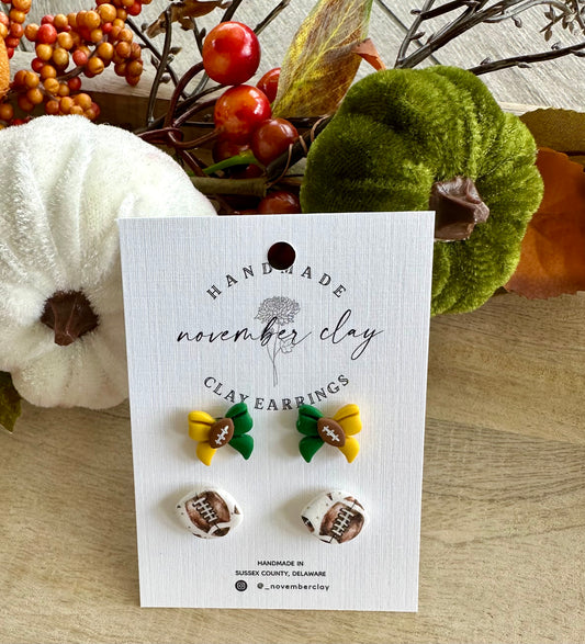 Green & Gold Bow w/Football & Football Pattern Stud Set