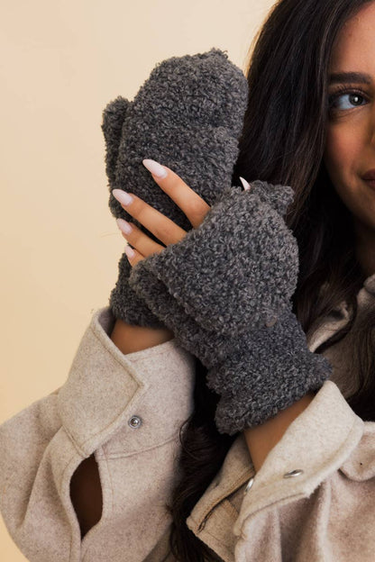 Winter Mittens - Foldable Texting Gloves with Sherpa Fleece: Gray