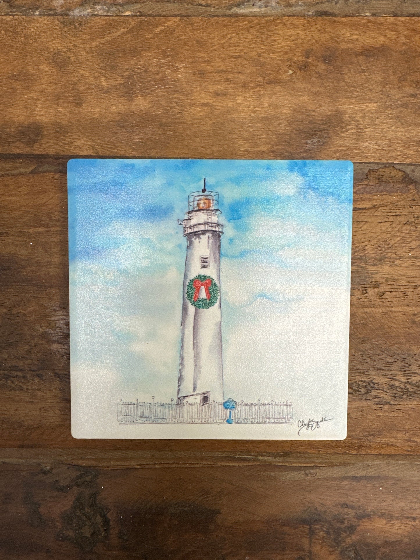 FI Lighthouse Wreath Square Ceramic Coaster by Cheryl Zapata Art