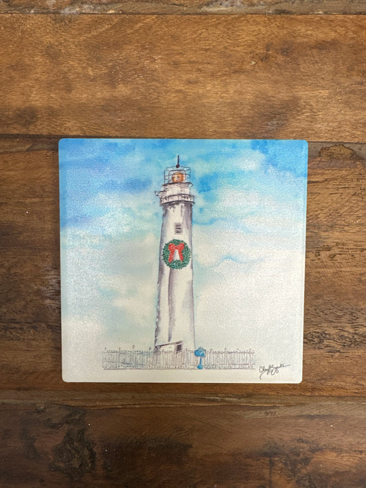 FI Lighthouse Wreath Square Ceramic Coaster by Cheryl Zapata Art