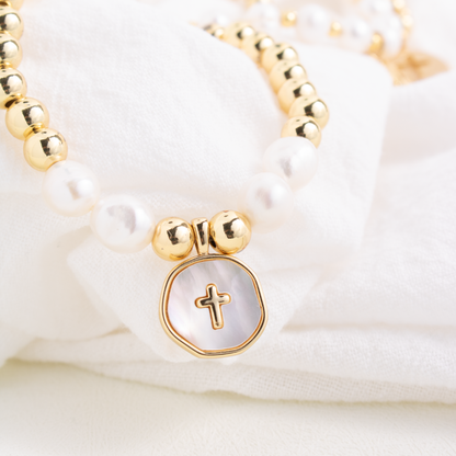 Cross + Pearls Stretch Charm Bracelet