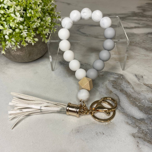 Silicone Bracelet Keychain with Wood Bead & Tassel - White Marble