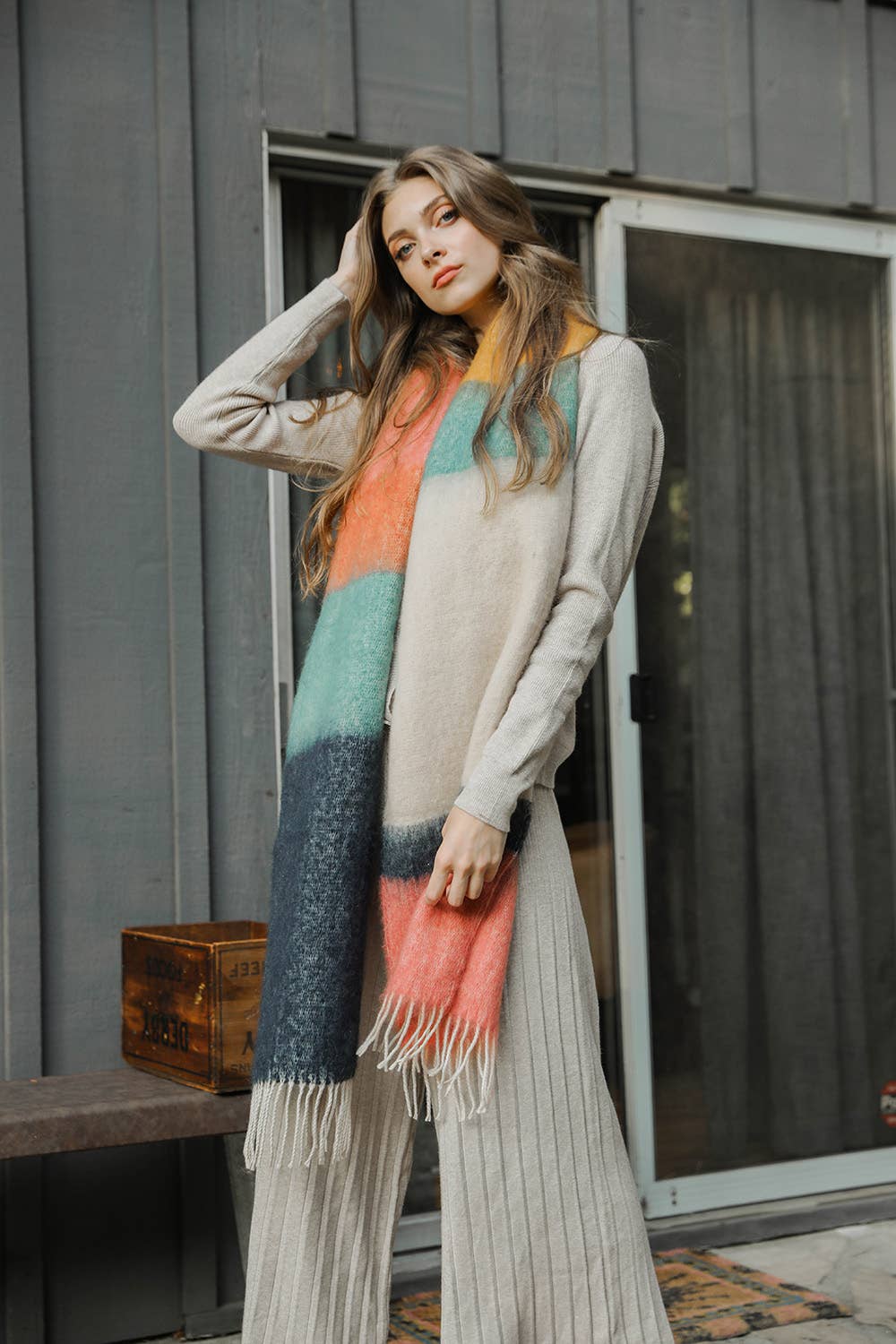 Green/Orange Winter Color Block Faux Mohair Scarf