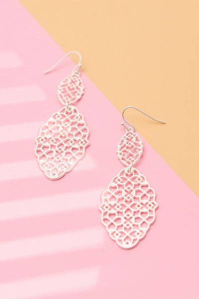 Matte Filigree Double Drop Earrings, Matte Silver