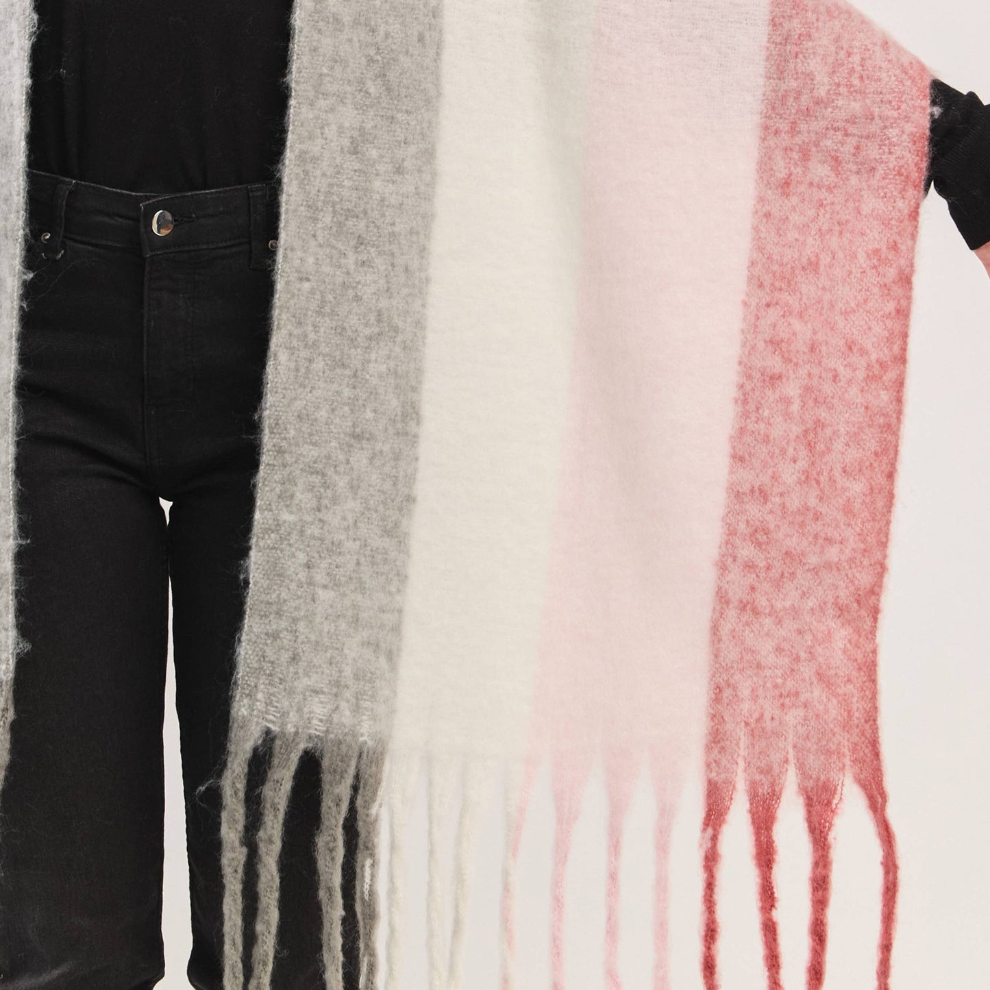 Pink Solid Brushed Color Stripe Block Fringe Scarf